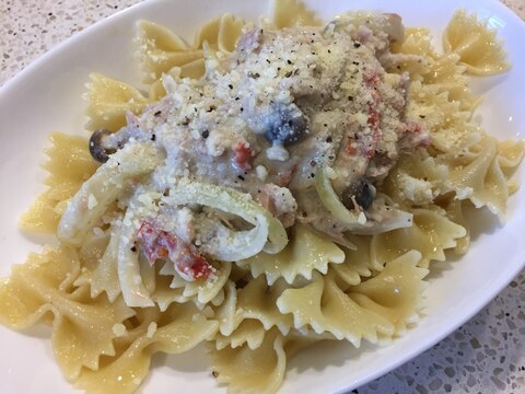 もち麦入りツナとキノコのクリームパスタ